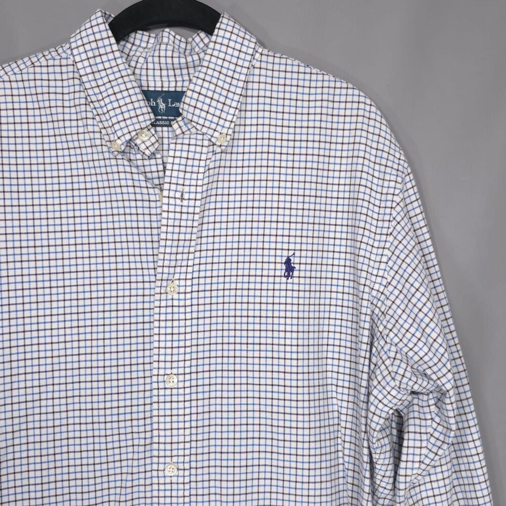 RALPH LAUREN Classic Fit 100% Cotton Check Button Down Shirt Blue‎ White LARGE